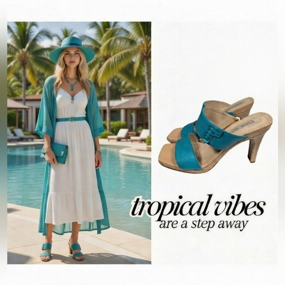 Vintage Teal Square Toe Block Heel Mules Colorful Summer Sandals